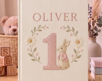 Hand Embroidered First Birthday Photo Album, Personalized Bunny Keepsake Book, Custom Name Memory Album, Baby Girl Birthday Gift