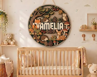Personalized Wooden Name Sign, Custom Woodland Name Sign,Autumn Forest Nursery Wall Decor, Round Wood Baby Name Sign,Fox Deer Owl Room Decor