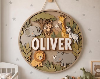 Personalized Wooden Name Sign, Custom Safari Name Sign, Jungle Animal Nursery Wall Decor, Round Wood Baby Name Sign, Baby Room Decor
