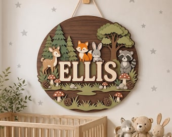 Personalized Wooden Name Sign, Custom Nursery Wall Decor, Round Wood Baby Name Sign, Forest Animal Kids Room Decor