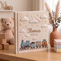Personalized Kids Photo Album, Hand Embroidered Train Memory Book, Custom Boy Keepsake Album, Baby Boy Album, Photo Album Gift product logo
