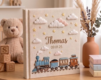 Personalized Kids Photo Album, Hand Embroidered Train Memory Book, Custom Boy Keepsake Album, Baby Boy Album, Photo Album Gift