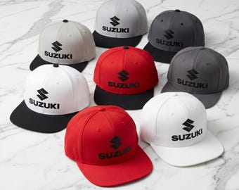 Suzuki Stacked Logo Snapback Hat | Two-Tone Flat Bill Motorsport Cap