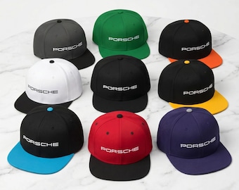 Porsche Racing Snapback Hat, White Logo Flat Bill Cap, Air-Cooled Streetwear (14 Colorways)