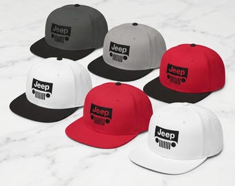 Jeep 7-Slot Grille Logo Snapback Hat | Flat Bill Cap, Acrylic Wool Blend