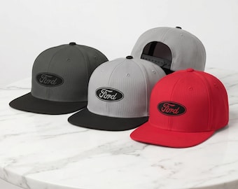 Ford Oval Logo Snapback Hat | Two-Tone Flat Bill Cap, Acrylic Wool Blend