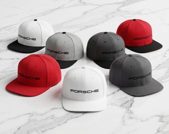 Porsche Racing Snapback Hat | Embroidered Block Typography Flat Bill Cap