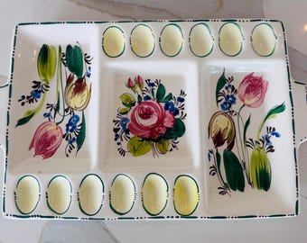 ヴィンテージ イタリア製セラミック製エッグプラッター、手描きの花柄模様、1960年代～1970年代