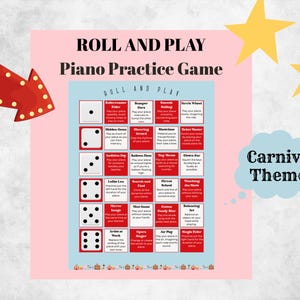 以下が含まれることがあります： カーニバルをテーマにした「Roll and Play」ピアノ練習ゲームシート。1から6までのサイコロのアイコンが並び、それぞれに音楽的な課題が書かれた赤い四角形が組み合わされています。背景は薄いピンク色で、黄色い星と赤い矢印が描かれています。