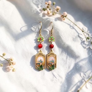Vintage Orchid Earrings | 24K Gold Plated Floral Dangles | Palace Window Jade Flower Dangle, Hanfu Chinoiserie Earrings