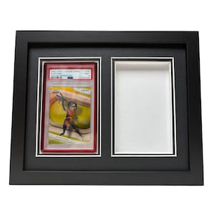 May include: Framed collectible featuring an Elastigirl trading card from the 2020 Topps Chrome Disney series. The card is encased in a protective holder and displayed in a black frame with a white matting. The frame has a second opening for another card.