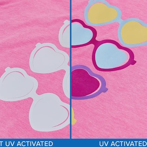 May include: Pink fabric with heart-shaped sunglasses design. The left side shows the design in white, while the right side reveals the design in pink, blue, and yellow when exposed to UV light. Text at the bottom reads "NOT UV ACTIVATED" and "UV ACTIVATED".