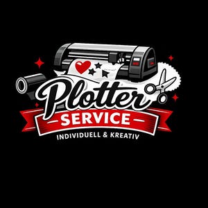 Könnte beinhalten: Logo für Plotter Service auf schwarzem Hintergrund. Das Design zeigt einen Plotter, eine Materialrolle, eine Schere und den Text "Plotter Service" in einer stilisierten Schriftart. Ein rotes Banner zeigt "Individuell & Kreativ".