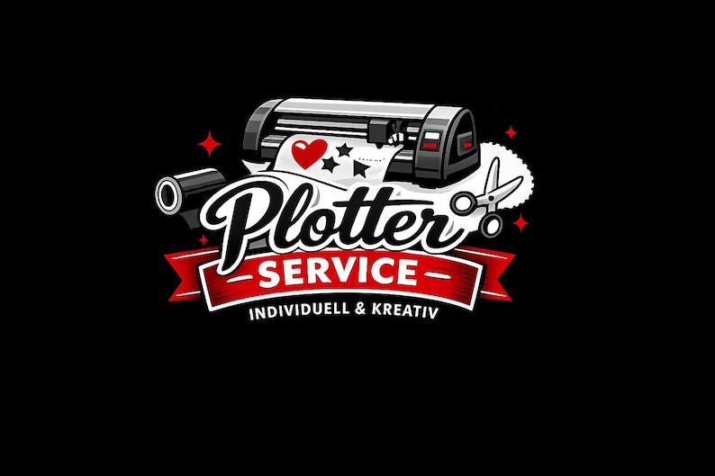 May include: A logo for Plotter Service on a black background. The design features a plotter machine, a roll of material, scissors, and the text "Plotter Service" in a stylized font. A red banner reads "Individuell & Kreativ".