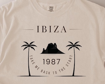 Camiseta com estampa do pôr do sol em Ibiza 1987, camiseta vintage de Ibiza, estética retrô de festa na ilha, cultura club das Ilhas Baleares, presente perfeito para viagem de verão.