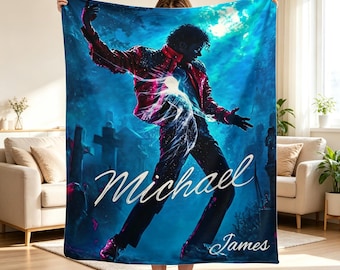 Custom Name Pop Star Flannel Blanket, Retro 80s Music Icon Soft Cozy Throw, Thriller Dance Inspired Graveyard Blanket, Gift for Music Fan