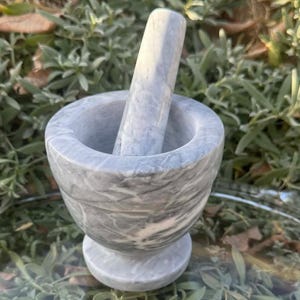 May include: A gray and white marble mortar and pestle set. The mortar is a small bowl with a rounded base, and the pestle is a cylindrical shape. The set is sitting on a clear glass surface, surrounded by green plants and leaves.