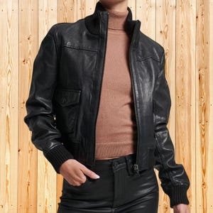 Women Genuine Black Lambskin Leather Bomber Jacket | Classic Zip-Up Casual Winter Coat | Designer Everyday Leather Outerwear Gift