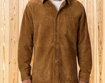 Men's Tan Suede Leather Shirt Jacket – Classic Button Closure Field Overcoat