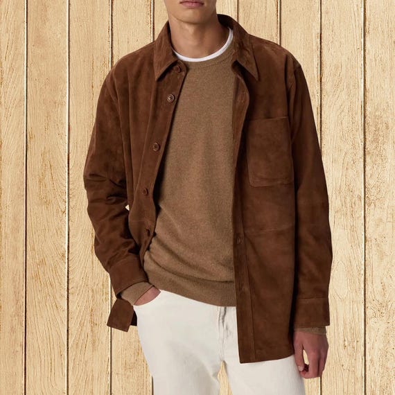 Men's Brown Suede Leather Field Jacket – Classic Button Closure Shirt Collar Coat
