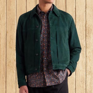 Giacca-camicia da uomo in pelle scamosciata verde scuro – Capospalla casual vintage