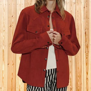 Women's Rust Orange Suede Leather Shirt Jacket,  Snap Button Shacket, Collared Overshirt, 2 Chest Pockets, Casual Western Coat