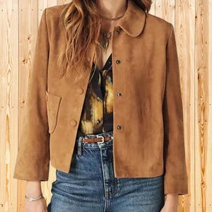 Women Tan Suede Leather Shirt Jacket, Genuine Suede Overshirt, Snap Button Shirt, Western Leather Shacket, Casual Fall Jacket