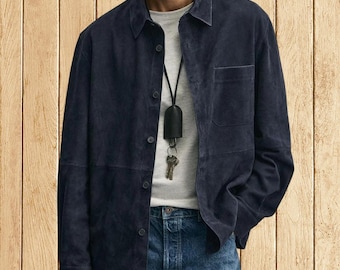 Men's Blue Suede Leather Shirt Jacket – Classic Button Closure Casual Outerwear