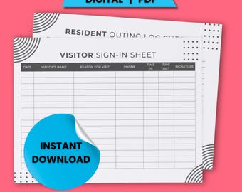 Puede incluir: Una pila de hojas blancas de registro de visitantes con una pegatina azul que dice "DESCARGA INSTANTÁNEA". Las hojas tienen un diseño geométrico en blanco y negro y el texto "DIGITAL | PDF". La hoja de registro incluye campos para fecha, nombre, motivo, teléfono y hora.