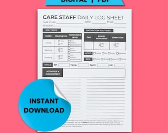 Puede incluir: Una hoja de registro diario del personal de atención blanca con secciones para tareas de la vida diaria, rutinas de baño y signos vitales. La hoja incluye el texto "DIGITAL | PDF" y una pegatina azul que dice "DESCARGA INSTANTÁNEA".