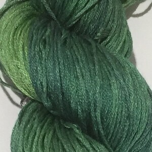 May include: A skein of green embroidery floss with a gradient from a lighter green to a darker green.