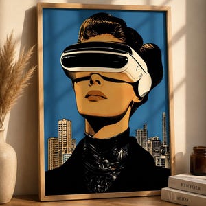 Puede incluir: Impresión artística que representa a una mujer con un casco de realidad virtual, sobre un fondo de cielo azul y paisaje urbano. La obra está enmarcada en madera y tiene una estética retro-futurista. La piel de la mujer es de tono cálido, y el casco es blanco y negro.