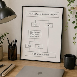 May include: A framed wall art print featuring a black and white flowchart with the text: Do You Have A Problem In Life? Can You Do Something About It? Then Why Worry? The design uses simple black lines and boxes on a white background.