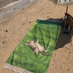 Green Cat Beach Towel | Cute Cat Sarong | Aesthetic Summer Blanket | Lightweight Polyester Beach Wrap | Boho Picnic Towel Gift