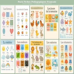 Peut inclure: Ensemble de fiches pédagogiques françaises illustrées. Les sujets comprennent les formes, les mois, les animaux de la ferme, les jours de la semaine, les animaux marins, la météo, les couleurs, les animaux de la savane, les saisons et les vêtements.