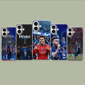 Peut inclure: Cinq coques de smartphone présentant des images d'un joueur de football. Les designs incluent le joueur en maillot rouge et bleu, le texte 'Désiré', 'ALLEZ PARIS' et 'THE BEST FUCK THE REST', ainsi qu'un joueur portant le numéro 9 ou 14.