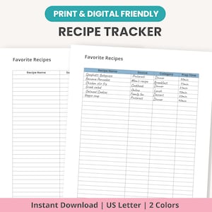 Favorite Weekly Recipe Tracker for Moms, Kitchen Organizer, Family Recipe Log, Meal Prep Notes, Recipe Binder Printable PDF