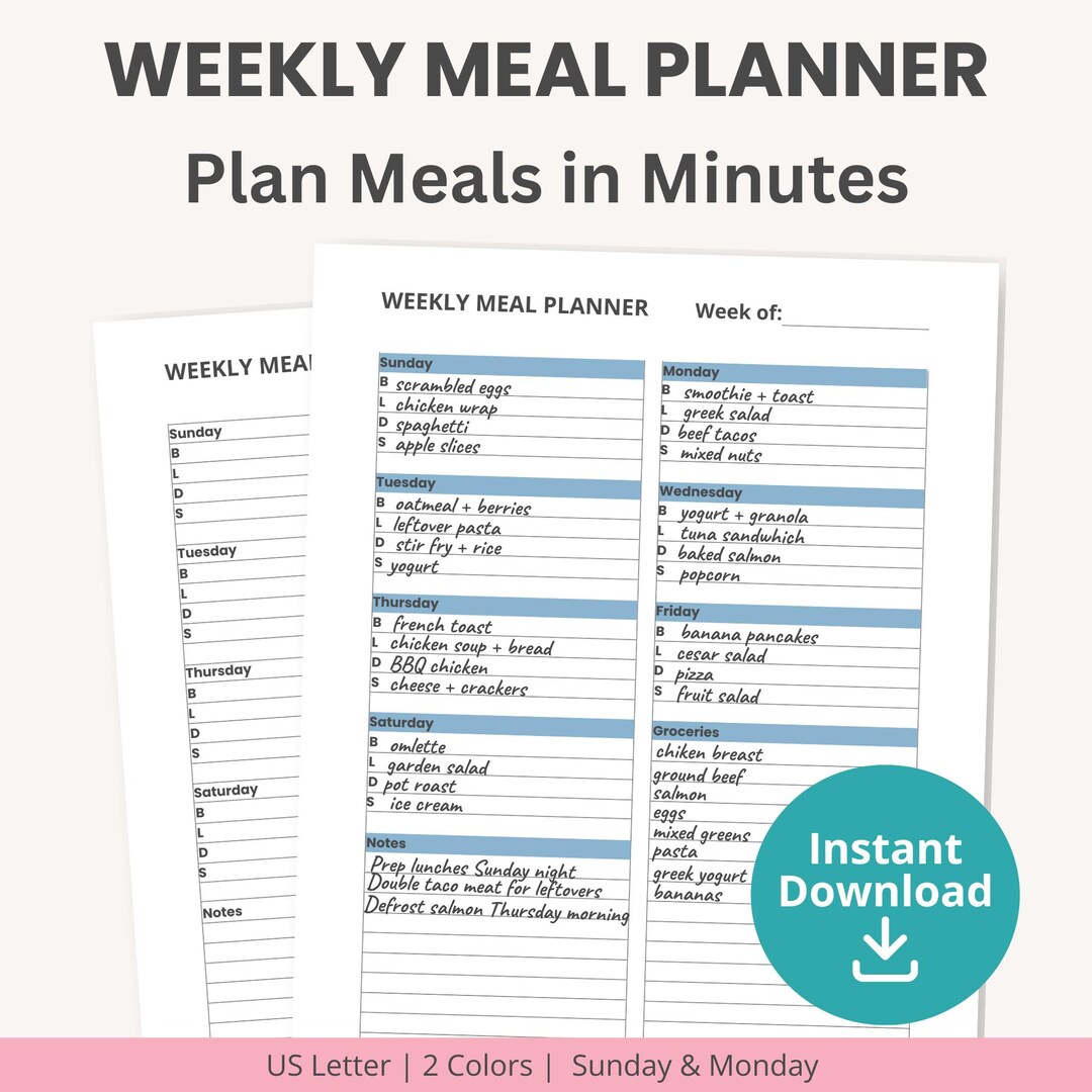 Meal Prep Planner Printable With Grocery List, Weekly Meal Planning ...