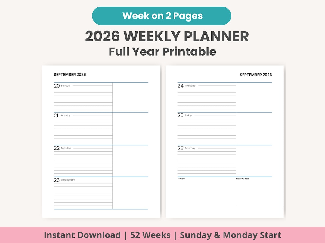 2026 Weekly Planner Printable | Week on 2 Pages | Full Year (digital ...