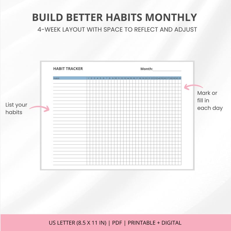 Monthly Habit Tracker Printable Landscape, 31 Day Habit Tracker ...