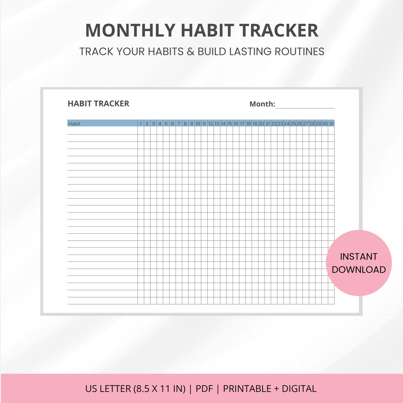 Monthly Habit Tracker Printable Landscape, 31 Day Habit Tracker ...