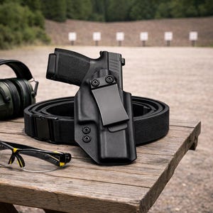 May include: A black handgun in a black holster, a black belt, and green earmuffs rest on a wooden table. Yellow-accented safety glasses are also on the table. The background shows a shooting range.