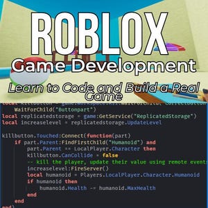 Könnte beinhalten: Ein Buchcover mit dem Titel Roblox Game Development: Learn to Code and Build a Real Game, An Unofficial Guide von SaltyWedges. Die blaue Rückseite enthält beschreibenden Text, während die Vorderseite Spiel-Screenshots und Code zeigt.