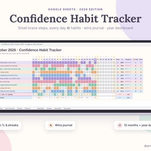 May include: A digital Confidence Habit Tracker for Google Sheets 2026 edition displayed on a laptop screen. The interface features a monthly grid for tracking daily habits, progress percentages, streaks, mood, and sleep hours with color-coded rows.