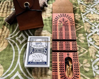 3 Track Handmade Leather & Wood Folding Travel Cribbage Board - 120 Hole