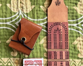 Handmade Leather & Wood Folding Travel Cribbage Board - 120 Hole