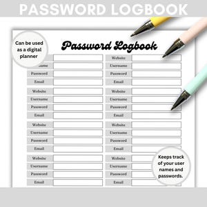 Password Tracker, Printable log, Digital Planner, Compatible with Good Notes