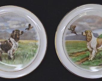 Antique 1908-1913 VALE 3.75" Bone China Hunting Dogs Collectible Miniature Plates, Made in Longton, England