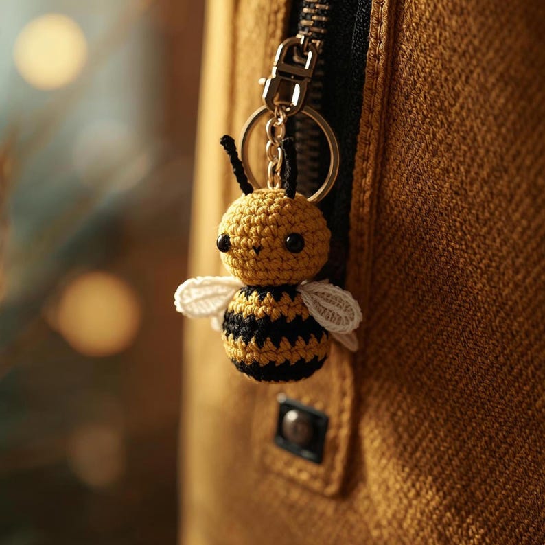 May include: A crocheted bee keychain with a gold-colored keyring attached to a brown zipper. The bee has a yellow head and body with black stripes, black antennae, and white wings. The background is a textured brown surface.