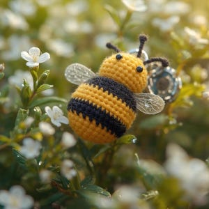 May include: A handmade crochet bee keychain with yellow and black stripes, clear wings, and black antennae. The bee is set against a backdrop of green foliage and small white flowers, creating a natural, whimsical scene.
